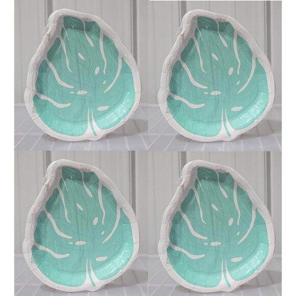 Teal & White 32 Count Leaf Shaped Fall Themed Party Plates 6.5" x 7.5" - Picture 1 of 4